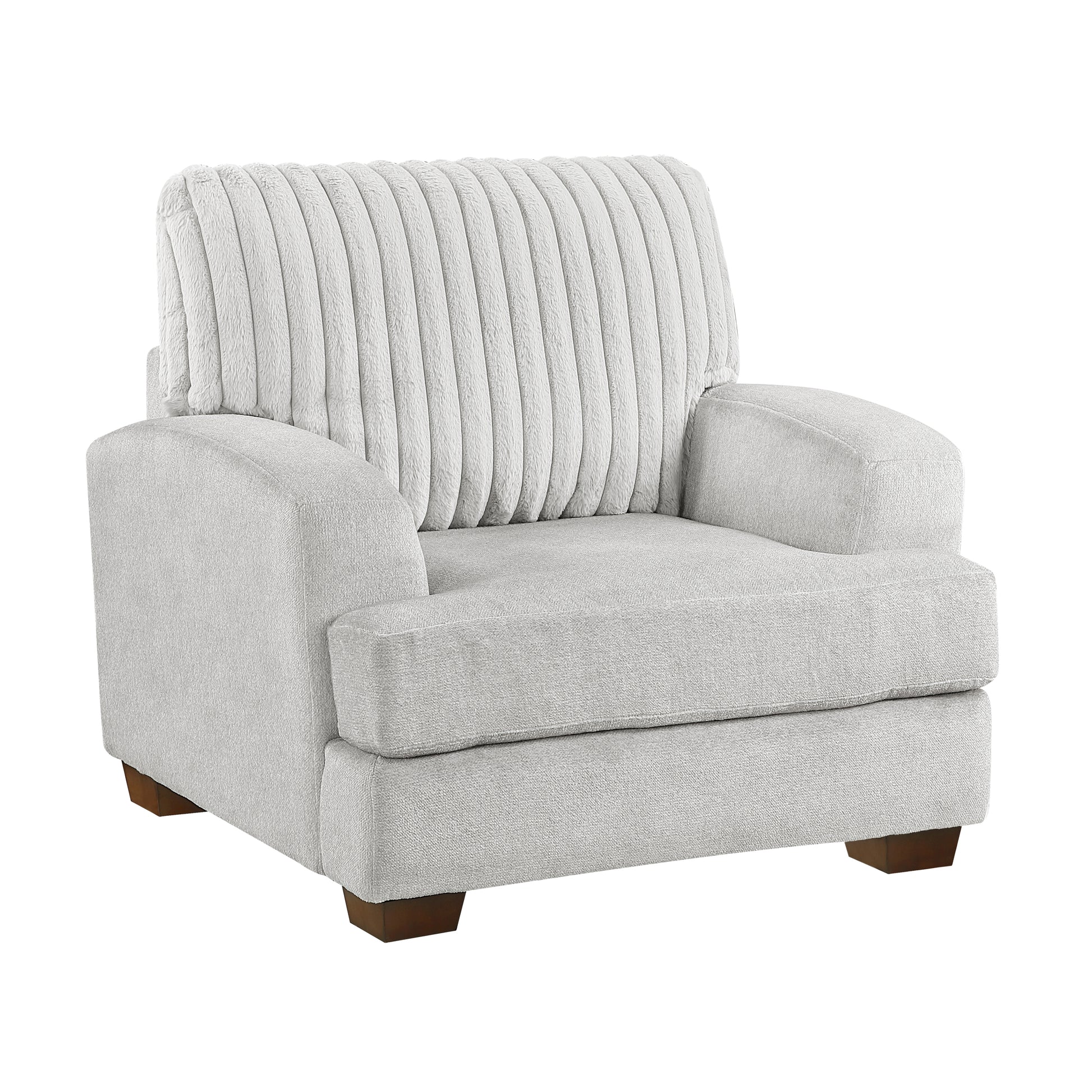 Santiago Collection armchair featuring deep cushioning, channel-tufted backrest, and sturdy wooden block legs in gray fabric upholstery – available at Paty Furniture in Tacoma, Kent, and Burien.