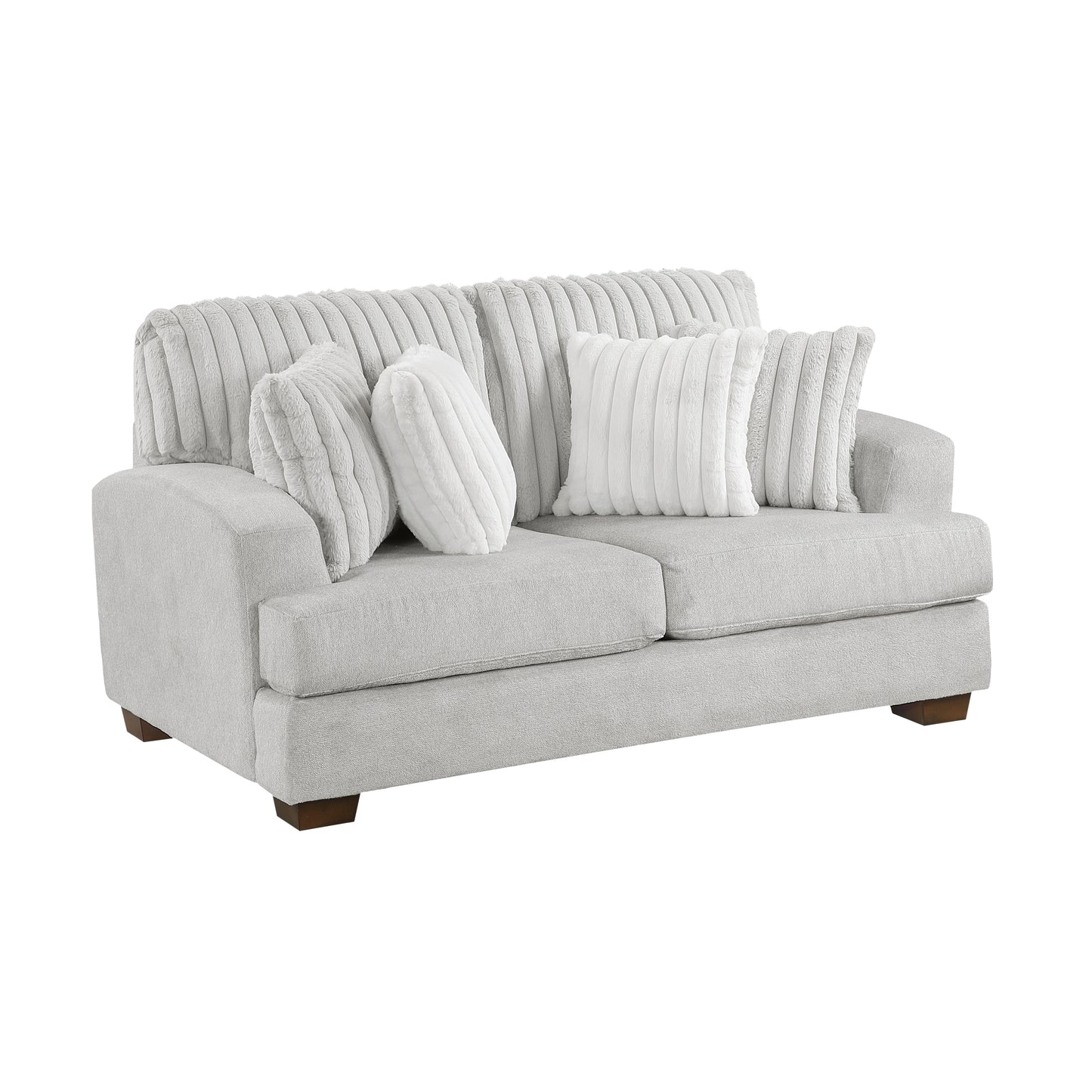 Santiago Collection 2-seater loveseat showcasing channel-tufted backrest, wide armrests, and matching accent pillows in soft gray fabric – available at Paty Furniture in Tacoma, Kent, and Burien.
