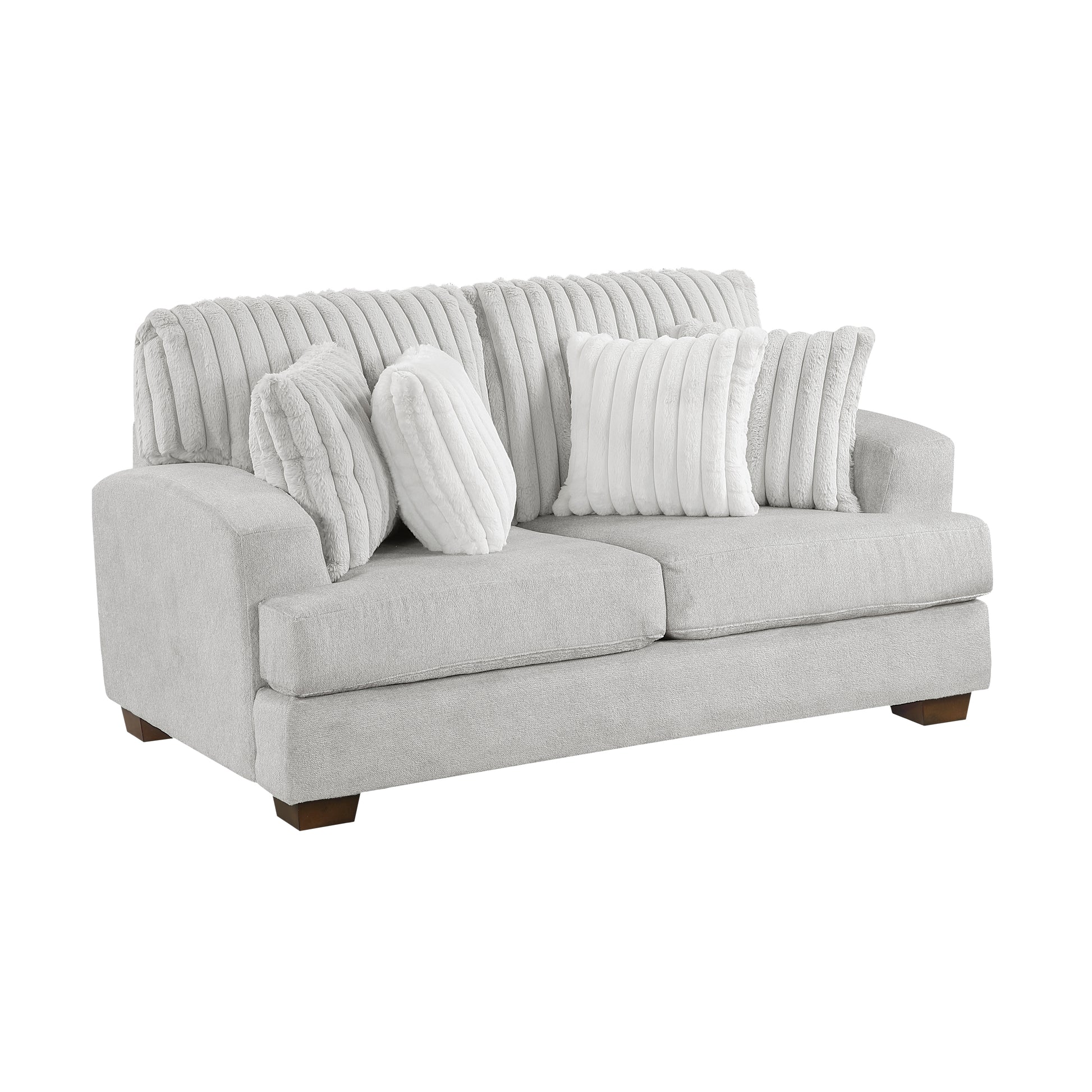 Santiago Collection 2-seater loveseat showcasing channel-tufted backrest, wide armrests, and matching accent pillows in soft gray fabric – available at Paty Furniture in Tacoma, Kent, and Burien.