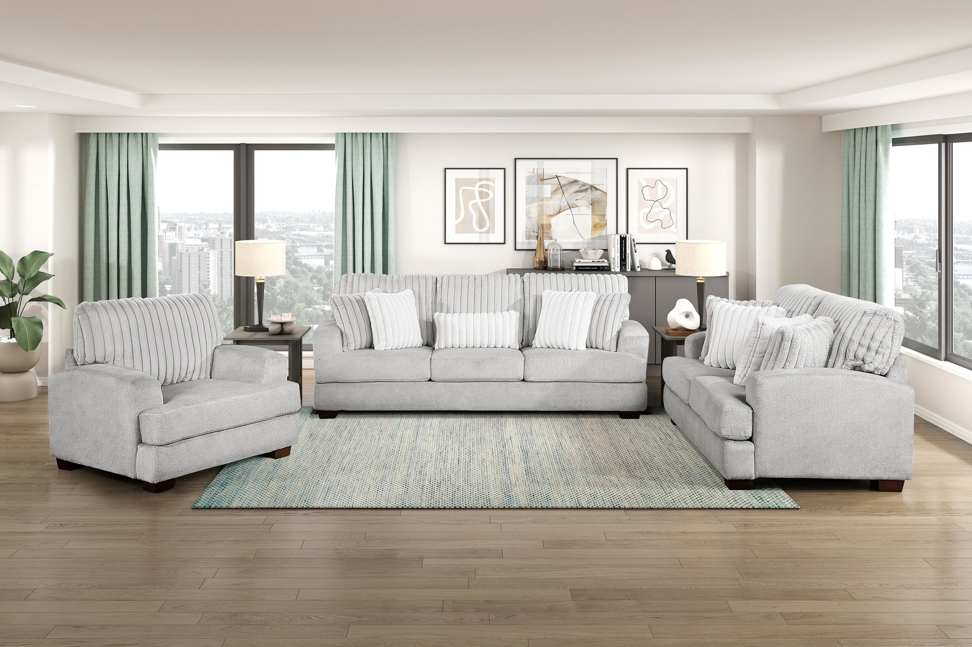 Santiago Collection 3-piece living room set featuring a channel-tufted sofa, loveseat, and chair in soft gray fabric upholstery with wide armrests and wooden block legs – available at Paty Furniture in Tacoma, Kent, and Burien.