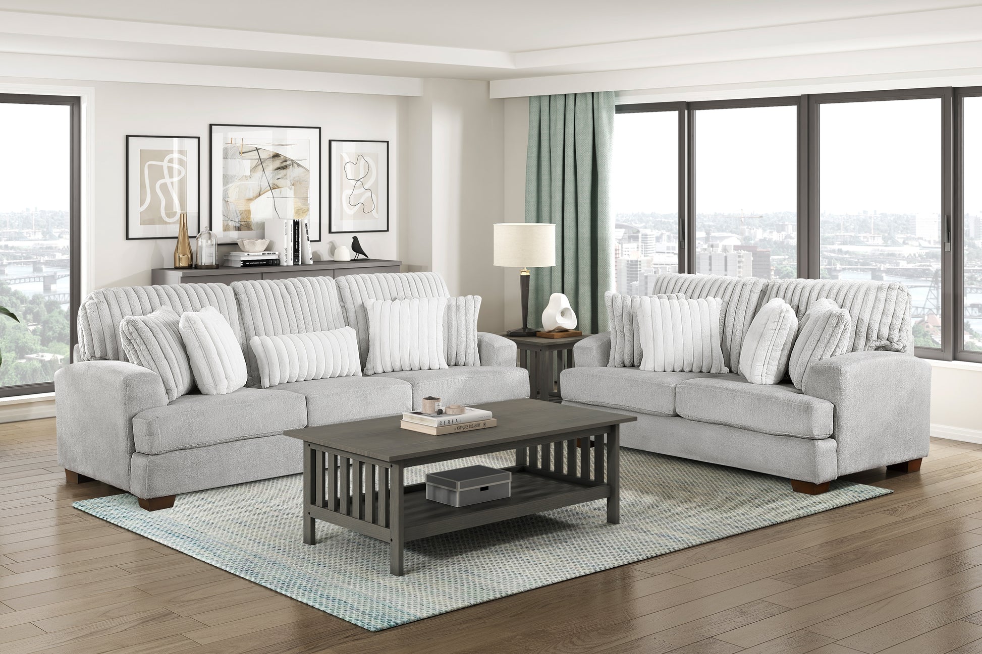 Santiago Collection 2-piece set arranged in a contemporary living room setting, demonstrating its modern design and inviting comfort – available at Paty Furniture in Tacoma, Kent, and Burien.