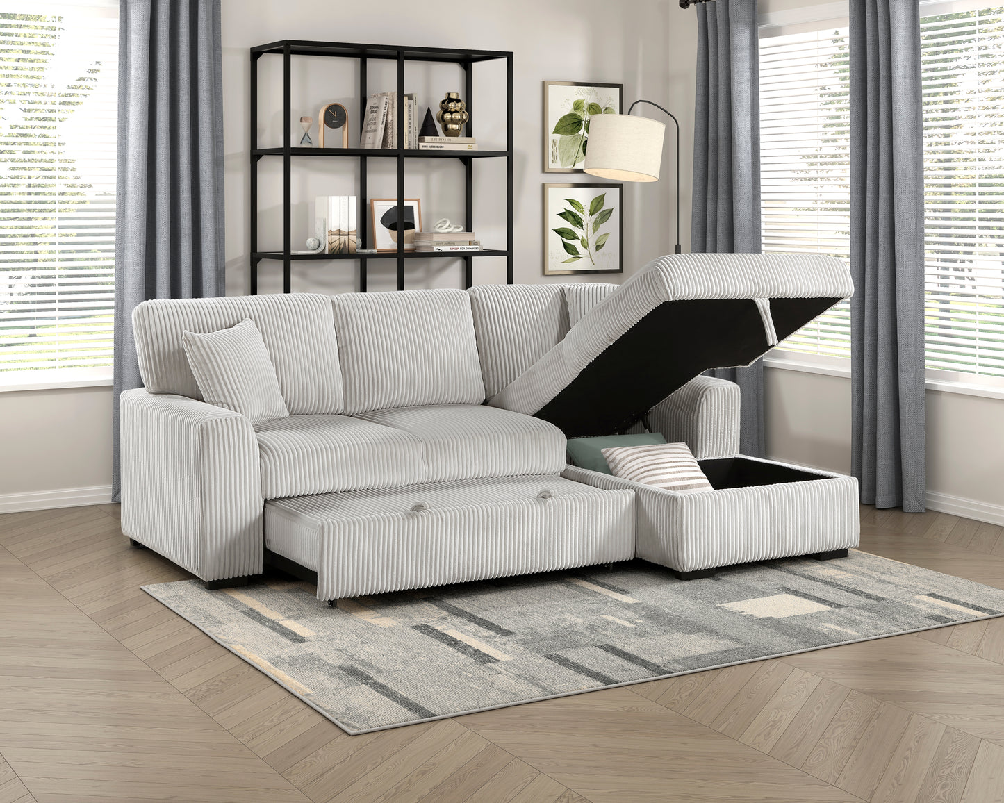 Marsh Collection sectional sofa with chaise storage compartment open, revealing ample space for blankets and pillows – available at Paty Furniture in Tacoma, Kent, and Burien.