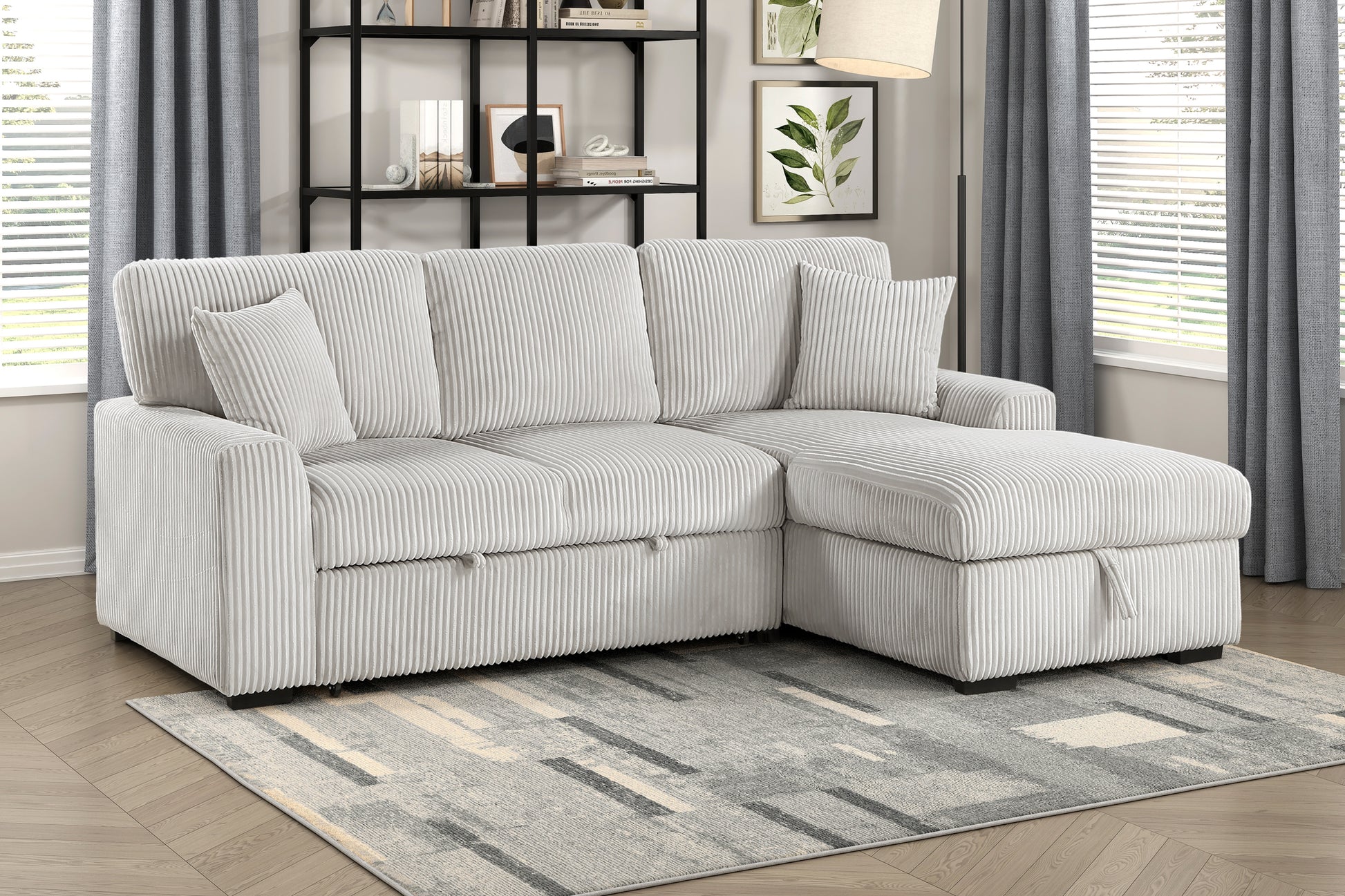 Side profile of the Marsh Collection sectional sofa highlighting the clean lines, plush cushions, and moonbeam-hued corduroy upholstery – available at Paty Furniture in Tacoma, Kent, and Burien.