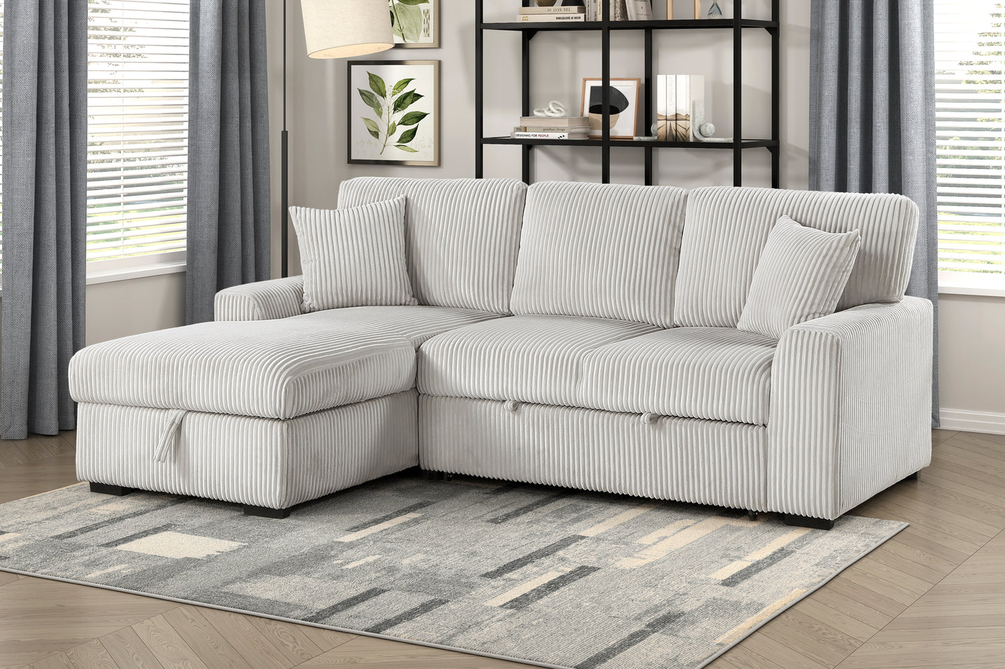 Marsh Collection sectional sofa in moonbeam-hued corduroy fabric featuring a reversible chaise, pull-out bed, and hidden storage compartment – available at Paty Furniture in Tacoma, Kent, and Burien.