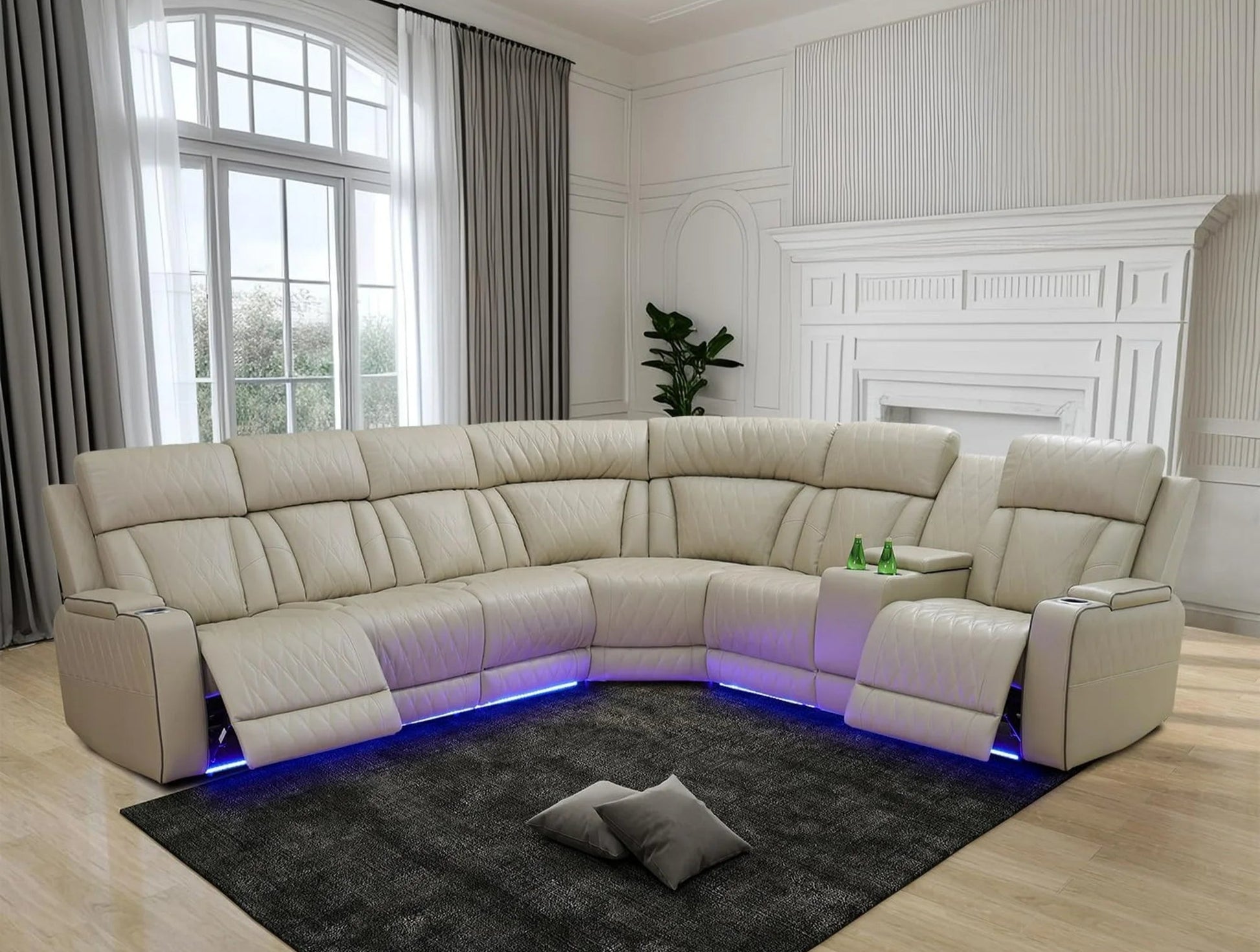 Beige sectional sofa with LED lighting in a living room setting.
