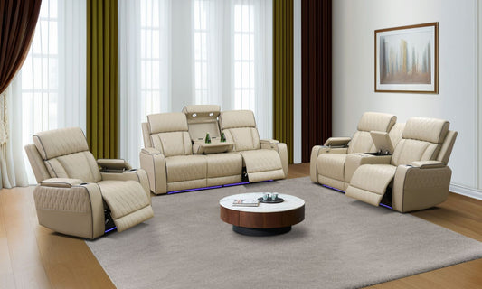 Modern living room with beige recliner sofa set and a round coffee table.
