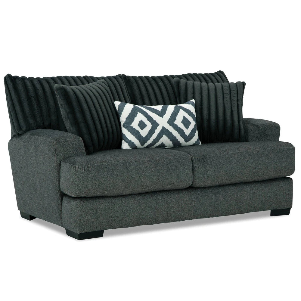 Loughlin Collection loveseat showcasing reversible zippered cushions, bolt-on removable arms, and solid wood construction in gun metal chenille – available at Paty Furniture in Tacoma, Kent, and Burien.