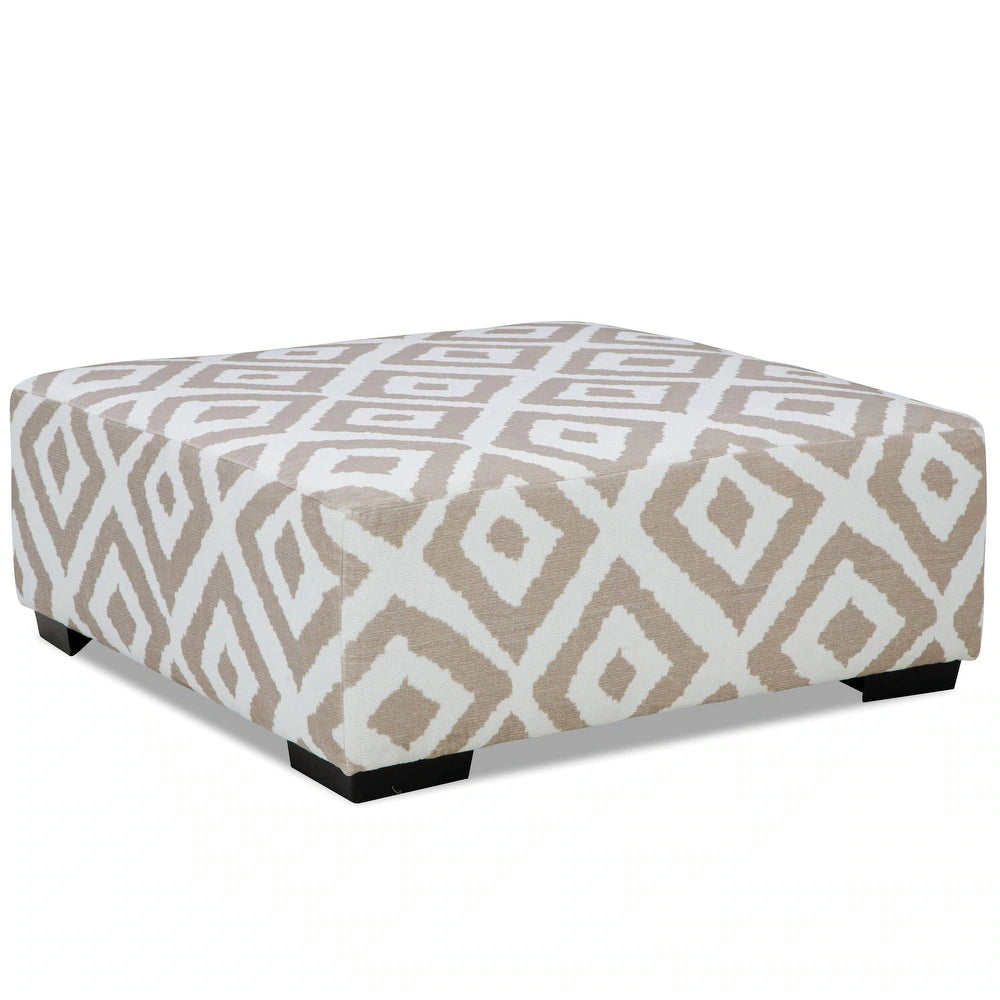 Loughton Collection ottoman in light brown chenille upholstery measuring 41 inches square with padded top and wooden legs – available at Paty Furniture in Tacoma, Kent, and Burien.