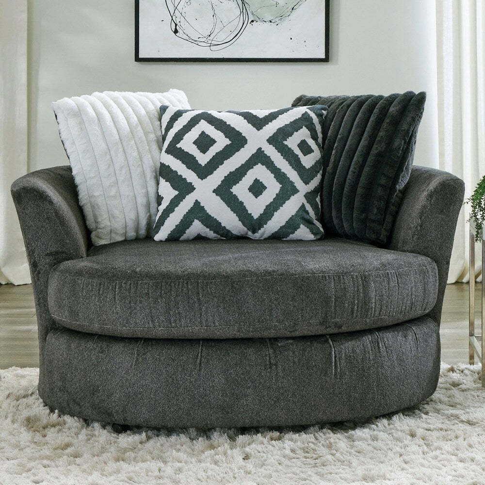 Loughlin Collection swivel chair with a spacious 58-inch width, ultra-soft back cushions, and 360-degree rotation in gun metal chenille – available at Paty Furniture in Tacoma, Kent, and Burien.