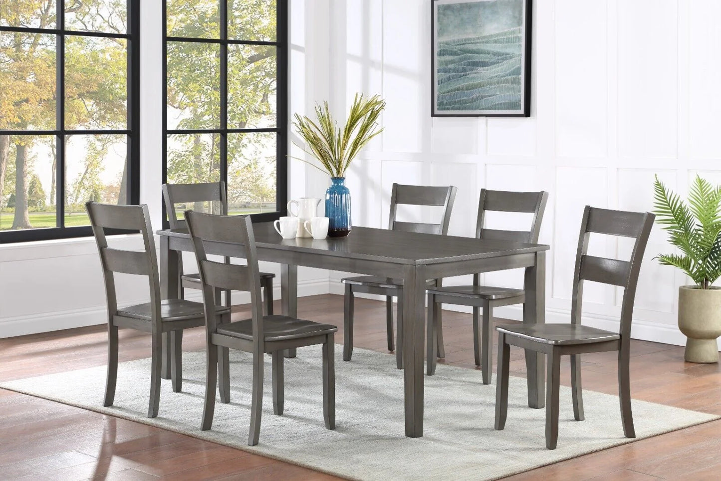 Ryan Collection dining set featuring a 72-inch espresso-finished rectangular table with clean lines, paired with four cross-back chairs upholstered in plush faux leather, offering a blend of contemporary design and timeless functionality.