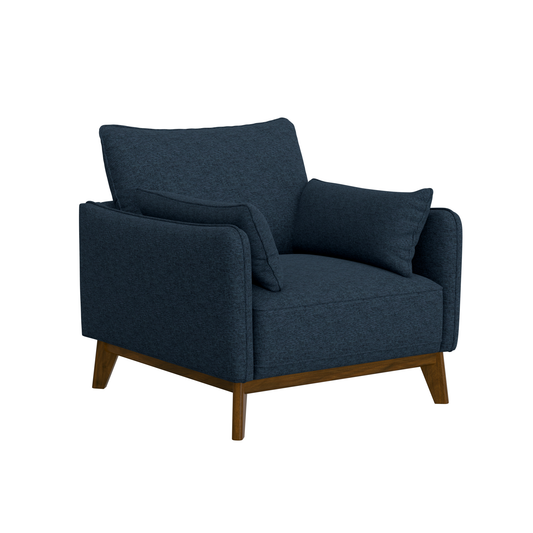 Aria navy chair with walnut-toned wood frame
