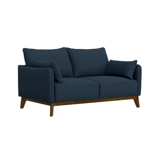 Aria navy loveseat with walnut-toned wood frame