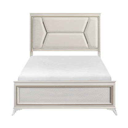 Audra Collection Eastern Bed with white panel headboard, gold trim, and clear acrylic legs – available at Paty Furniture in Tacoma, Kent, and Burien.