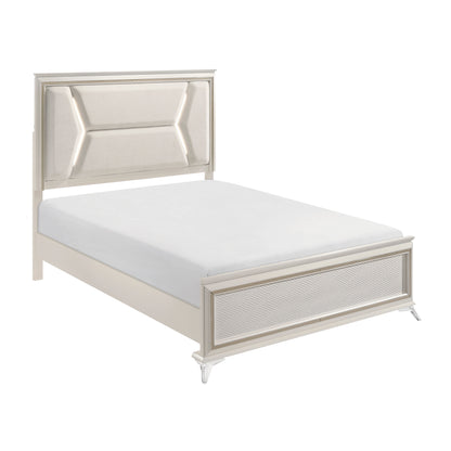 Audra Collection Eastern bed with white panel headboard, gold trim, and clear acrylic legs – available at Paty Furniture in Tacoma, Kent, and Burien.