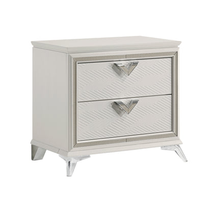 Audra Collection nightstand in white finish with two drawers, gold-tone hardware, and clear acrylic legs for a modern glam look – available at Paty Furniture in Tacoma, Kent, and Burien.

