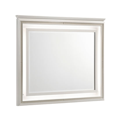 Audra Collection rectangular mirror with white frame, gold trim, and built-in LED lighting for enhanced visibility and modern glam appeal – available at Paty Furniture in Tacoma, Kent, and Burien.


