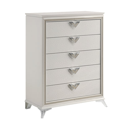 Audra Collection chest with five drawers, gold-tone pulls, and clear acrylic leg detailing – available at Paty Furniture in Tacoma, Kent, and Burien.
