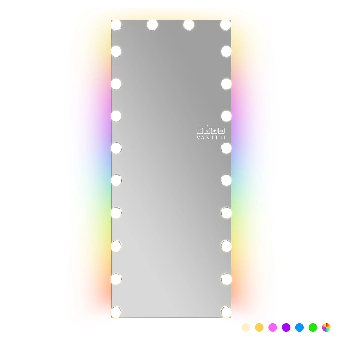 Mirror with colorful frame and Vanith logo on a white background