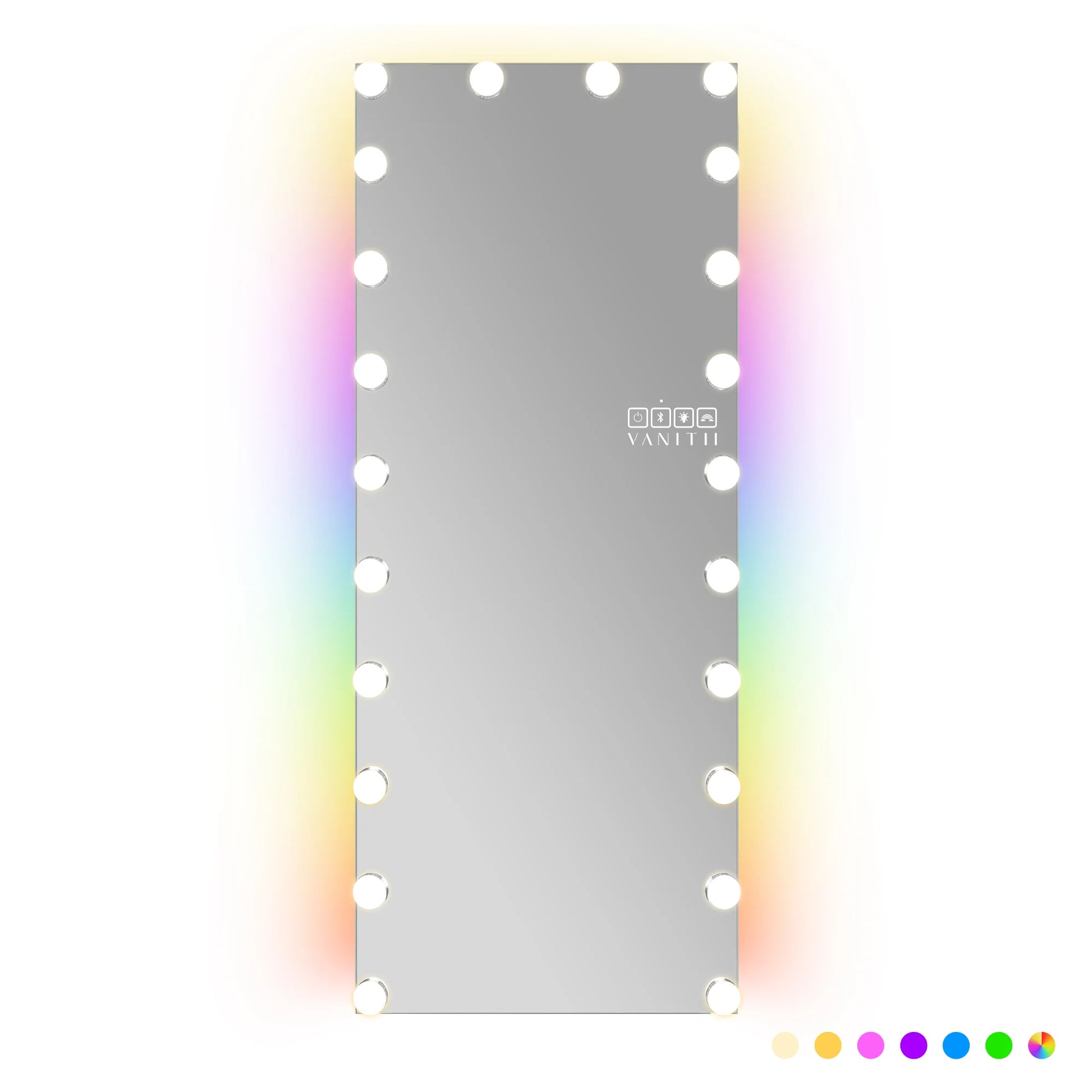 Mirror with colorful frame and Vanith logo on a white background