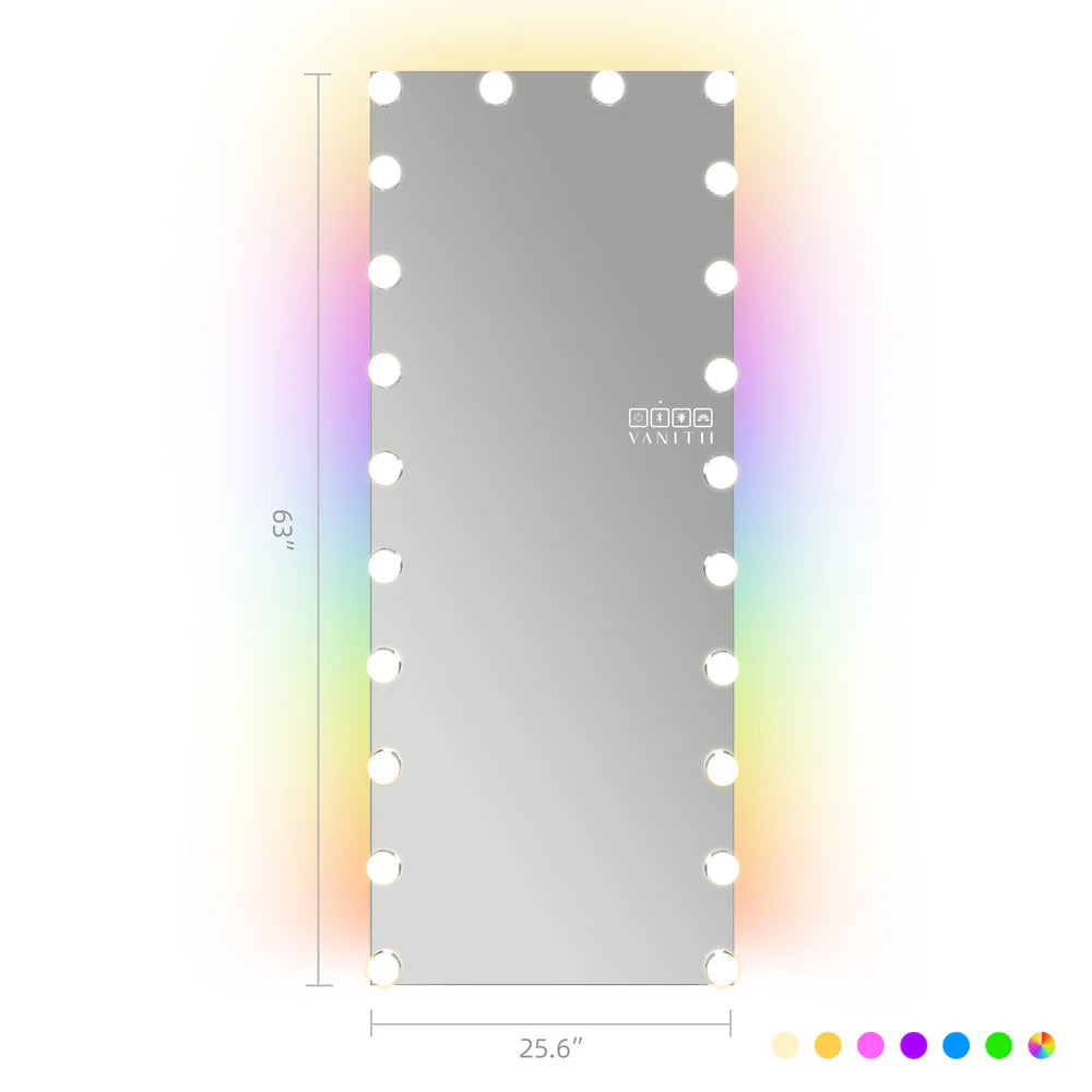 Rectangular mirror with light bulbs on a white background, featuring dimensions and brand name.