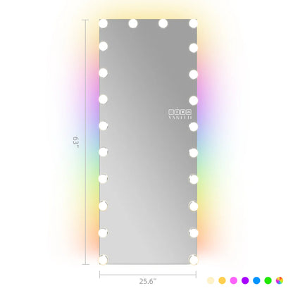 Rectangular mirror with light bulbs on a white background, featuring dimensions and brand name.