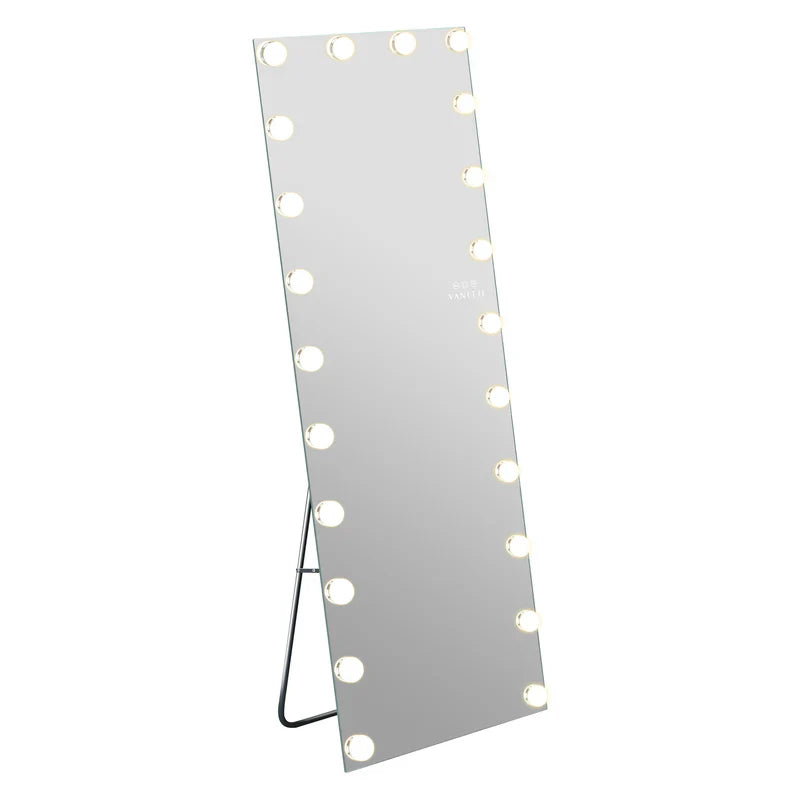 Lighted mirror with white bulbs on a gray background