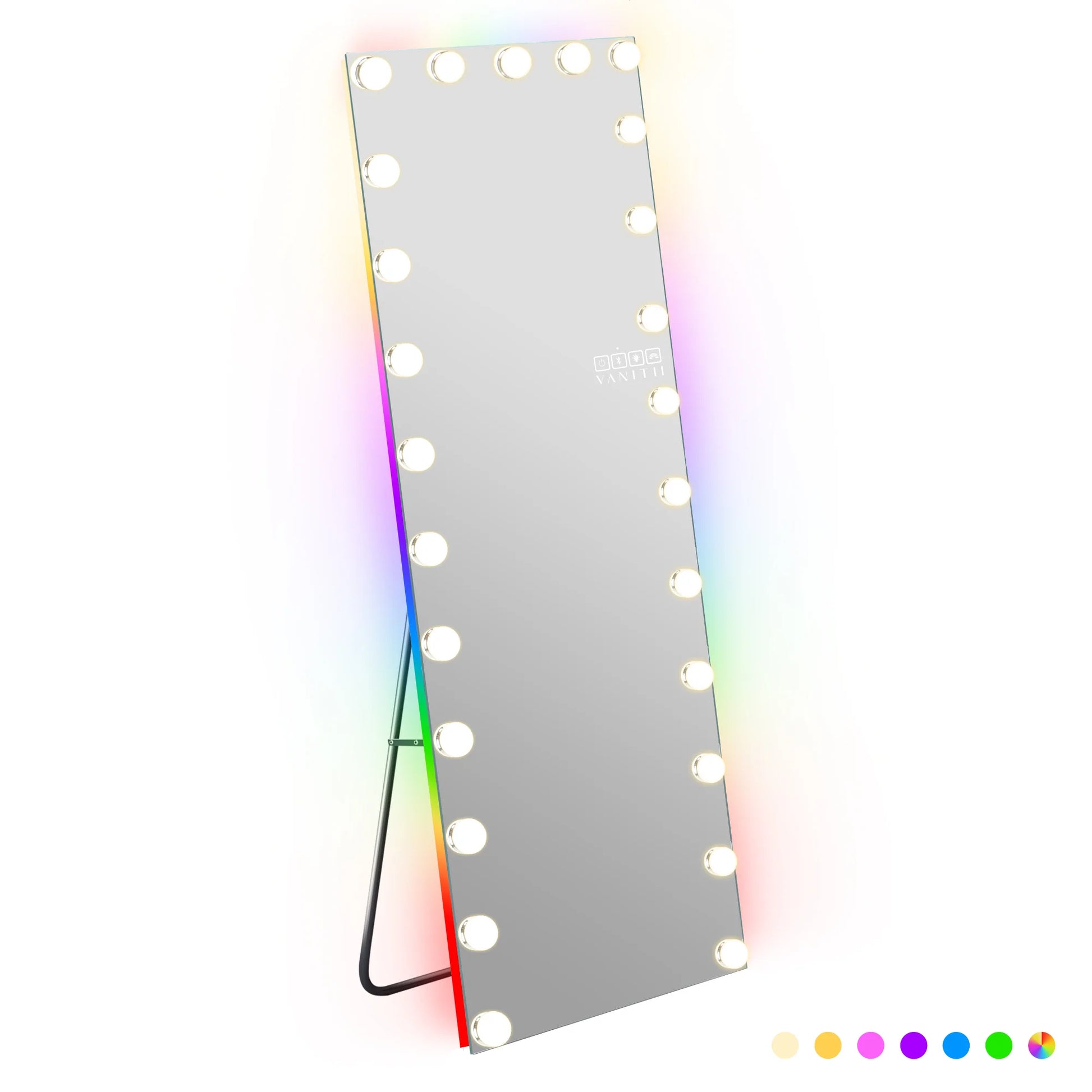 Lighted mirror with colorful LED lights on a white background