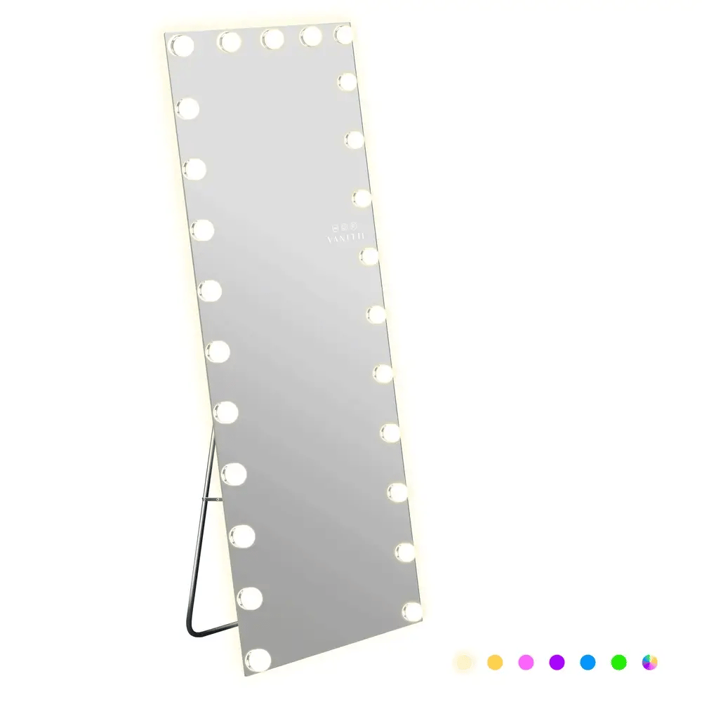 Framed mirror with light bulbs on a white background