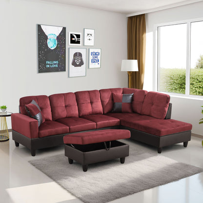 Red sectional sofa in a living room with decor elements.