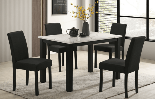 Resia Collection 5-piece dining set featuring a sleek faux-marble rectangular table with black frame, paired with four charcoal upholstered chairs with black legs – perfect for modern dining spaces.