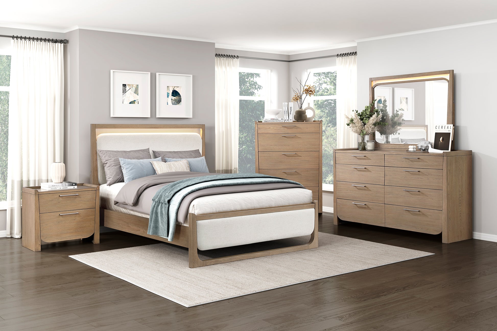 Wooden bedroom furniture set with bed, nightstands, and dresser in a room.