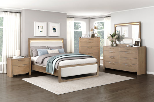 Wooden bedroom furniture set with bed, nightstands, and dresser in a room.