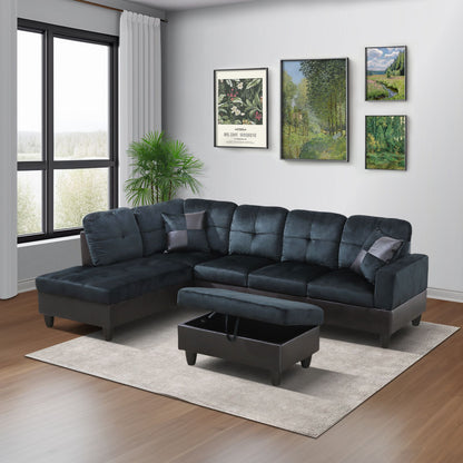 Gray sectional sofa with ottoman in a living room setting with wall art.