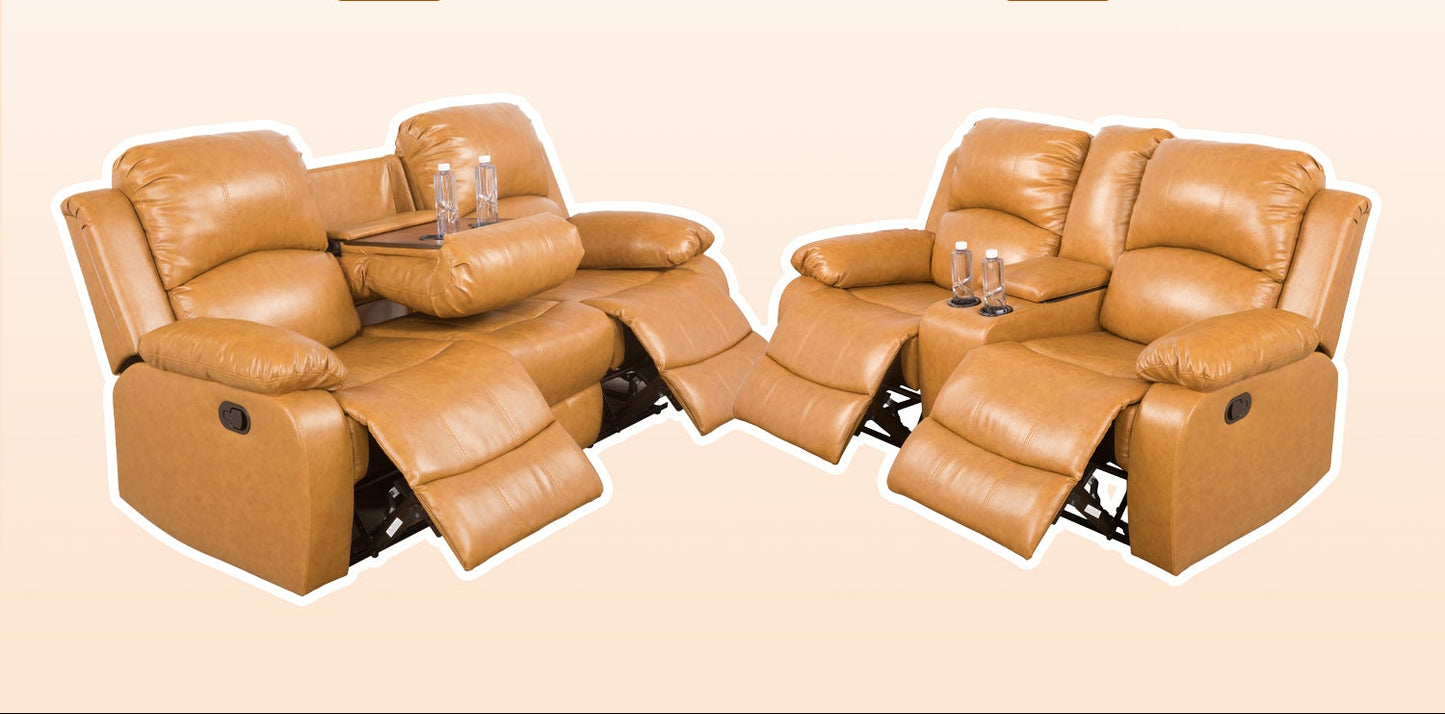 Ginger color leather recliner with flip down backrest and storage space on a beige background