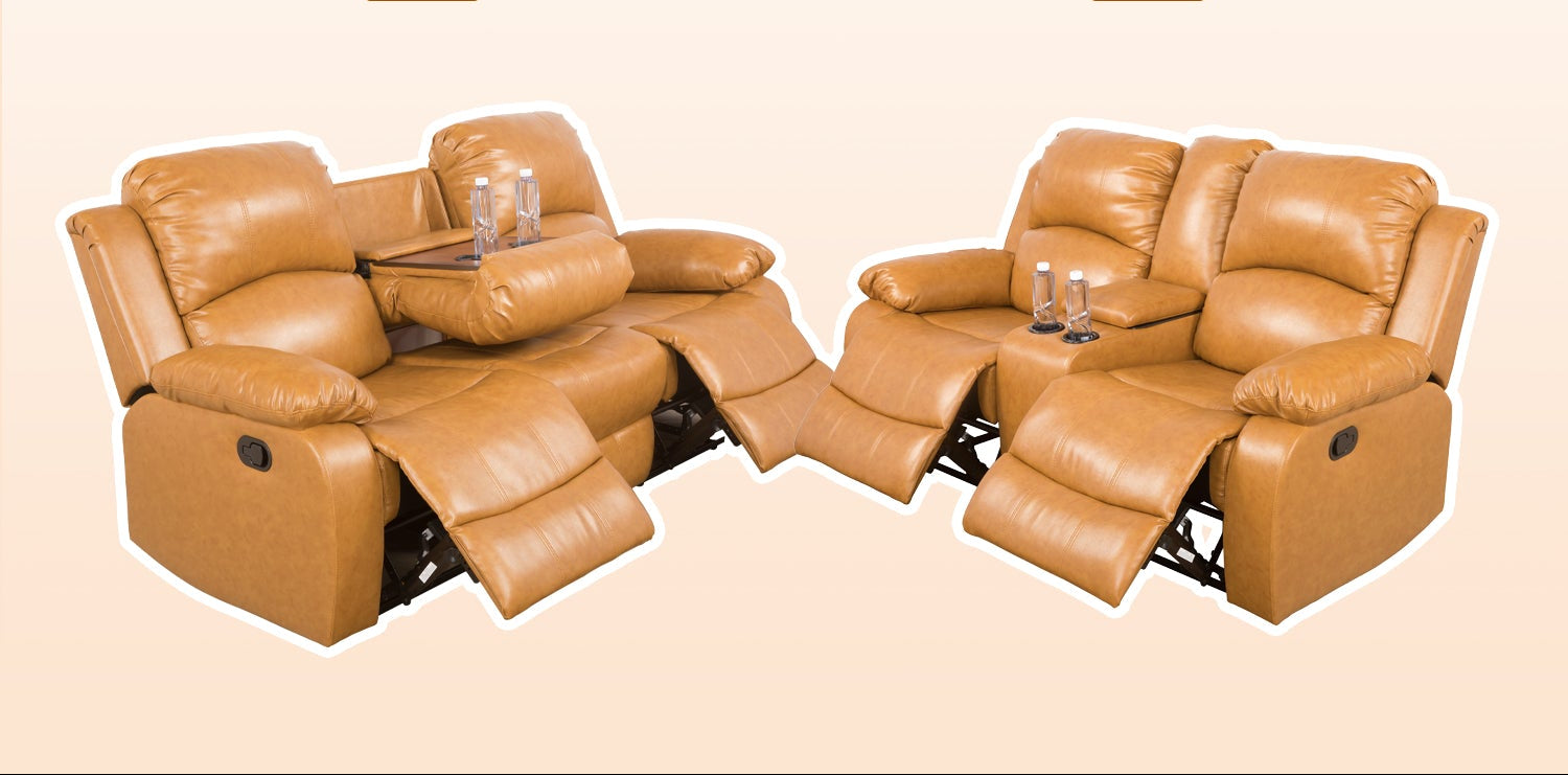 Ginger color leather recliner with flip down backrest and storage space on a beige background