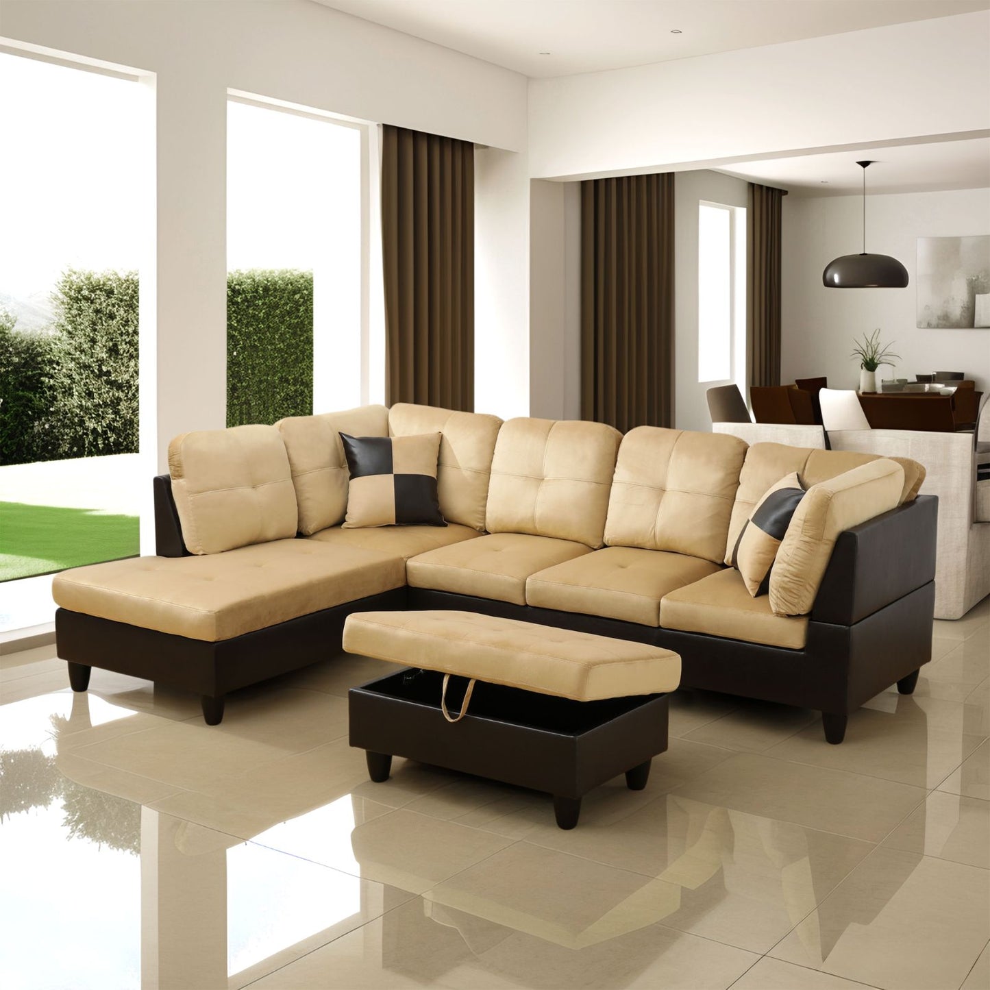 Beige sectional sofa with ottoman in a modern living room.