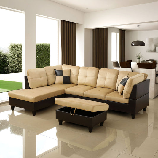 Beige sectional sofa with ottoman in a modern living room.
