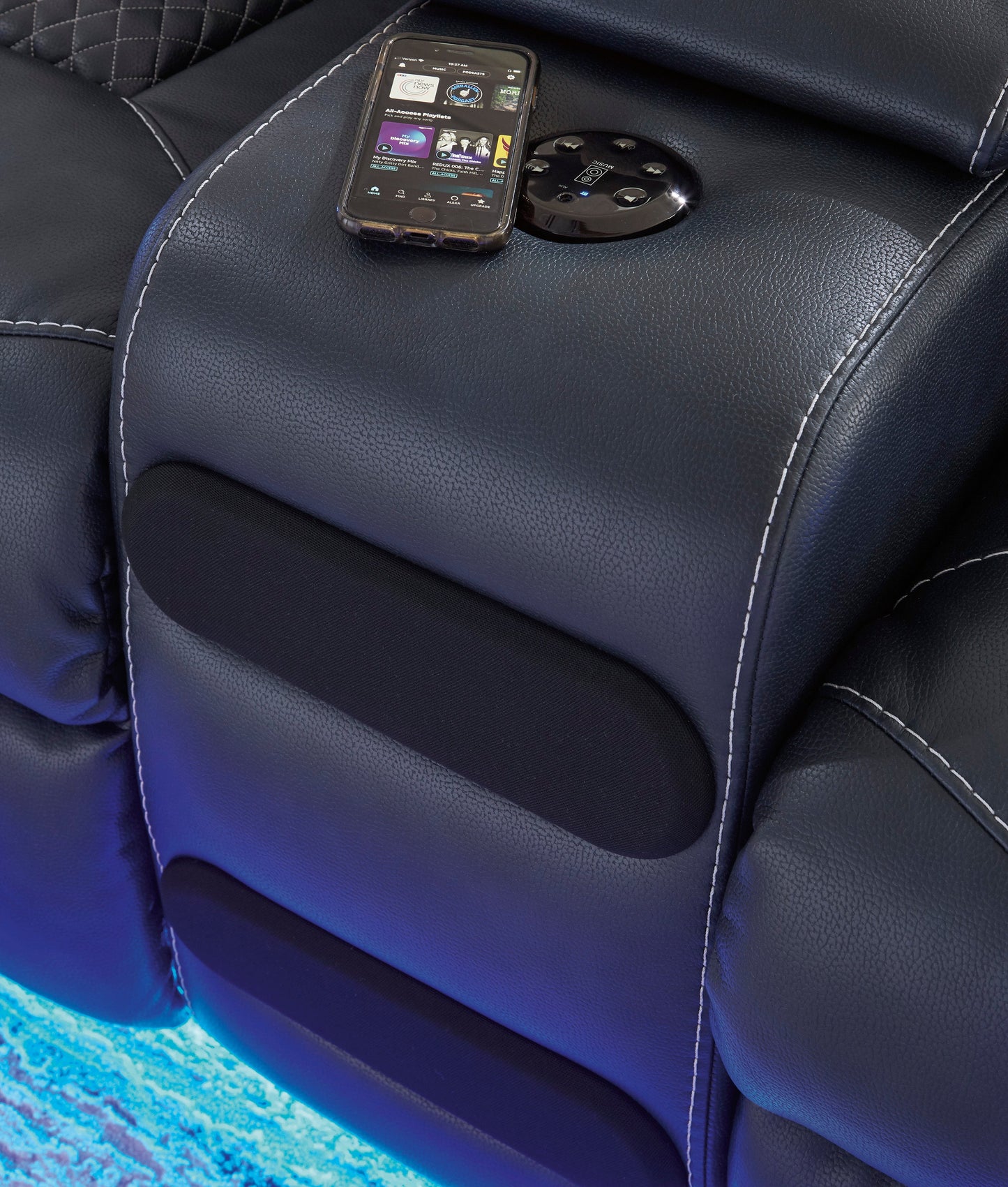 Fyne-Dyme Loveseat wireless audio controls in Sapphire
