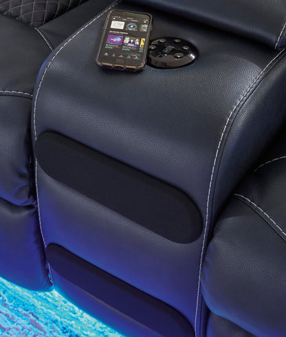 Fyne-Dyme Loveseat wireless audio controls in Sapphire
