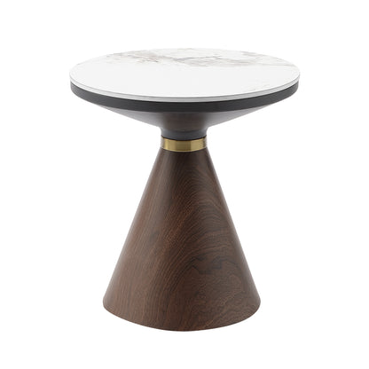 Greer Collection cocktail table with a 31.5-inch diameter sintered stone top, oak-finished conical base, and gold-tone stainless steel accent band – available at Paty Furniture in Tacoma, Kent, and Burien.
