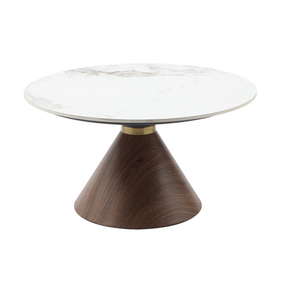 Greer Collection end table featuring a 20-inch diameter sintered stone top, oak-finished conical base, and gold-tone stainless steel accent band – available at Paty Furniture in Tacoma, Kent, and Burien.