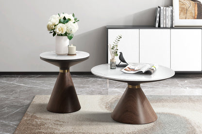 Greer Collection featuring a cocktail table and an end table with sintered stone tops, oak-finished conical bases, and gold-tone stainless steel bands – available at Paty Furniture in Tacoma, Kent, and Burien.