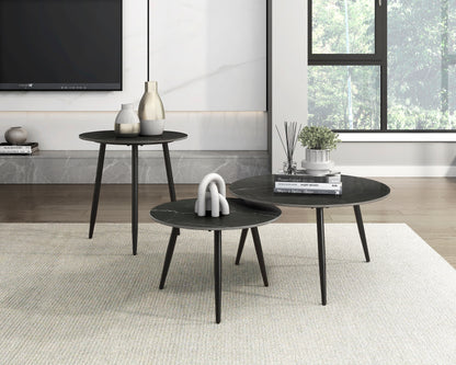 Side profile of the Alaina Collection tables highlighting the slim black metal legs and minimalist design – available at Paty Furniture in Tacoma, Kent, and Burien.