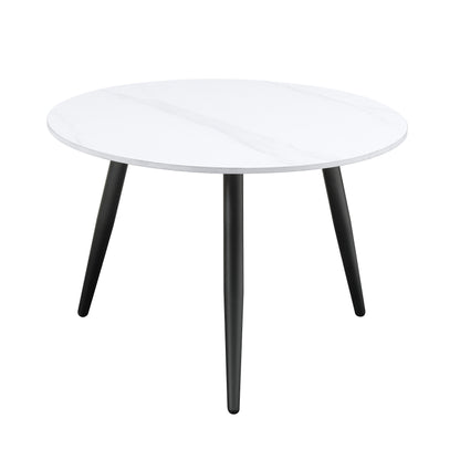 Alaina Collection round cocktail table with a white marble-inspired sintered stone top and black finished metal legs – available at Paty Furniture in Tacoma, Kent, and Burien.