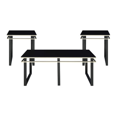 Zamir Collection 3-piece table set arranged in a contemporary living room setting, showcasing the modern design and elegant contrast of materials – available at Paty Furniture in Tacoma, Kent, and Burien.