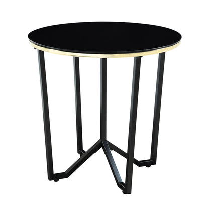 Amara Collection round end table featuring a black tempered glass top, gold-hued banding, and sturdy metal legs – available at Paty Furniture in Tacoma, Kent, and Burien.