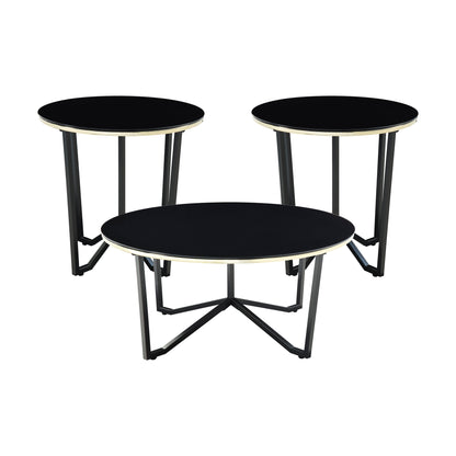 Amara Collection 3-piece table set arranged in a contemporary living room setting, showcasing the modern design and elegant contrast of materials – available at Paty Furniture in Tacoma, Kent, and Burien.