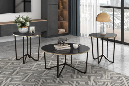 Amara Collection 3-piece occasional table set featuring a round cocktail table and two end tables with black tempered glass tops, gold-hued banding, and metal legs – available at Paty Furniture in Tacoma, Kent, and Burien.