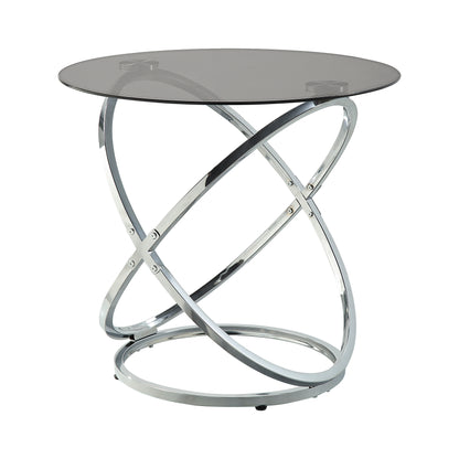 Marion Collection square end table featuring a black tempered glass top and chrome-finished metal base with intersecting circular lines – available at Paty Furniture in Tacoma, Kent, and Burien.