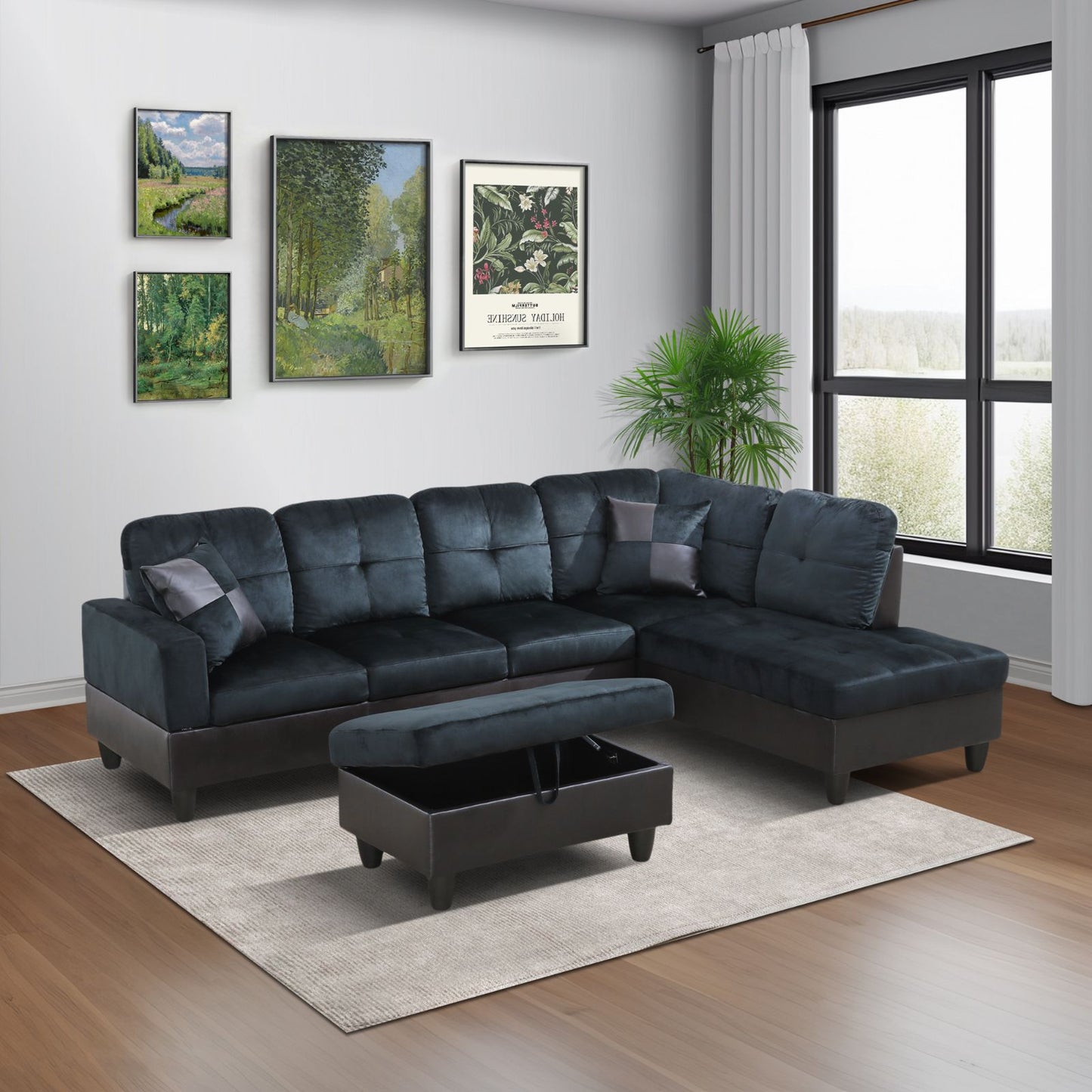 Gray sectional sofa with storage ottoman in a living room setting.
